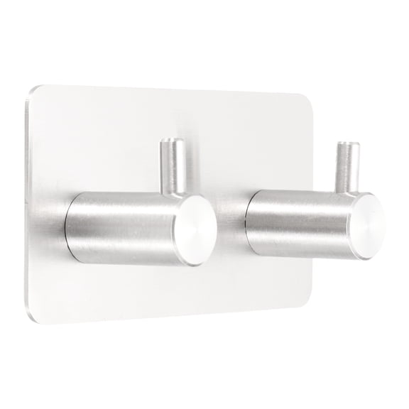 1Set Adhesive Towel Hooks, Stainless Steel Heavy Duty Wall Mount Stick on Towel Rack Hanger Organizer for Entryway Bathroom Bedroom Kitchen, 2 Hooks, Silver