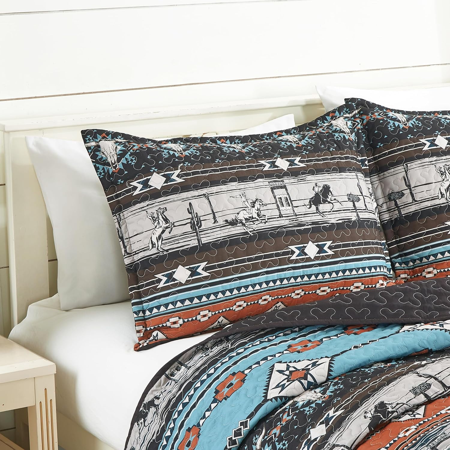 Chezmoi Collection Boone 3-Piece Southwestern Cowboys Rodeo Quilt Set King, Multicolor Blue Brown Beige Clay Printed Microfiber Lightweight Bedspread Set for All season