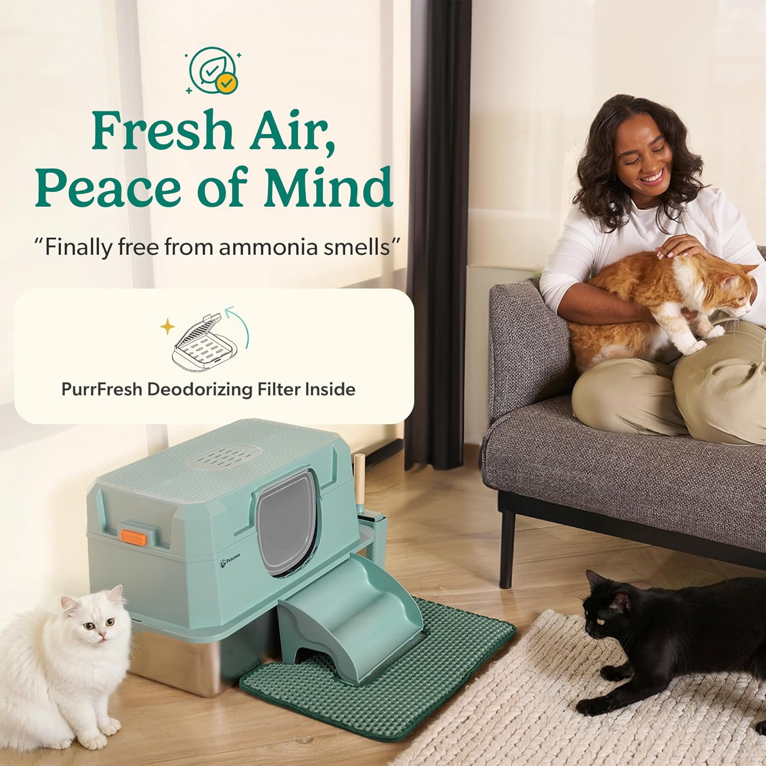 Petcove Stainless Steel Cat Litter Box XL with Lid – 3-in-1 Extra Large Covered Metal Cat Litter Box with High Wall Design & Carbon Filter – Green