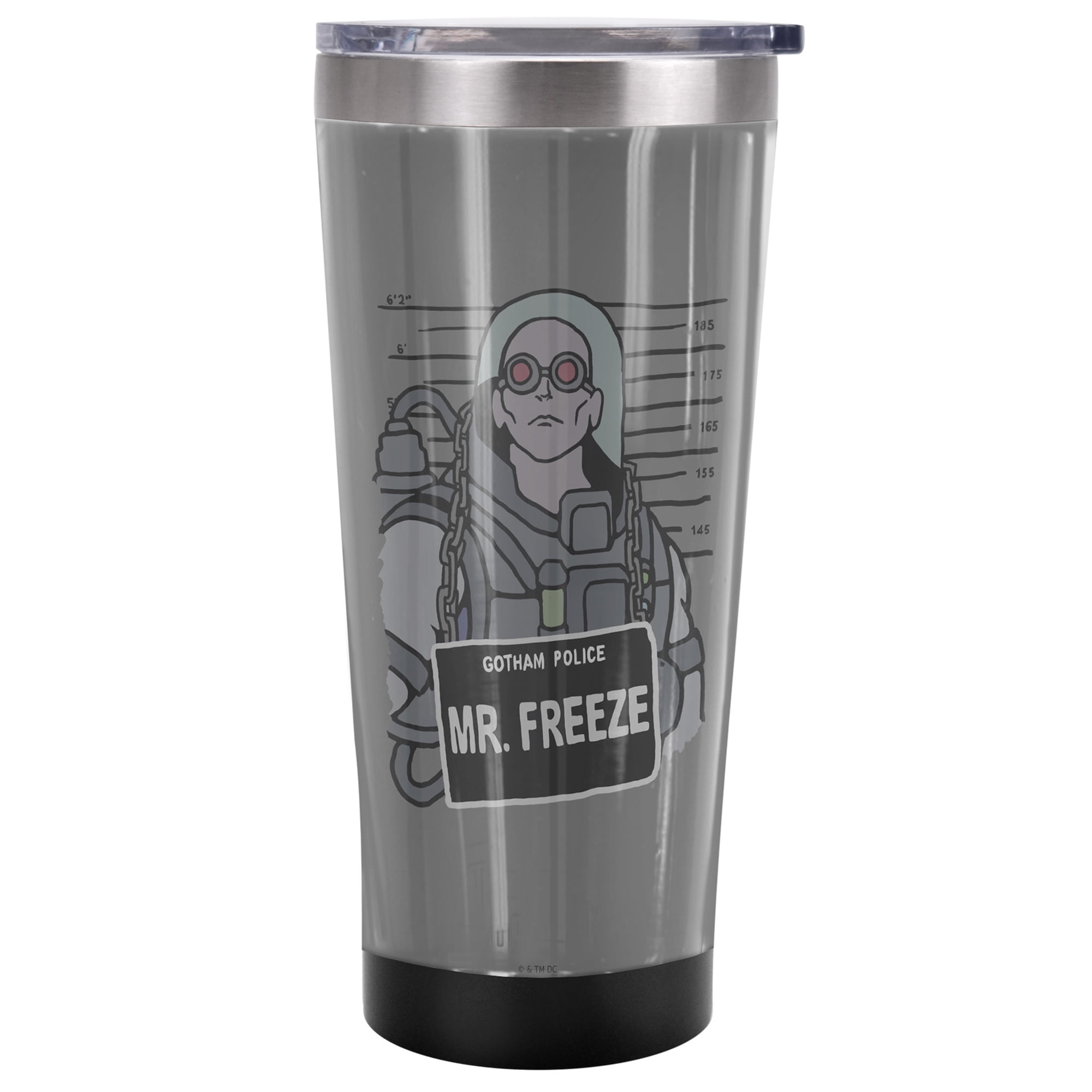 Batman Official The Mr. Freeze Mugshot 20 oz Travel Tumbler, Stainless Steel, Vacuum Insulated with Leak Resistant Slide-Lock Lid
