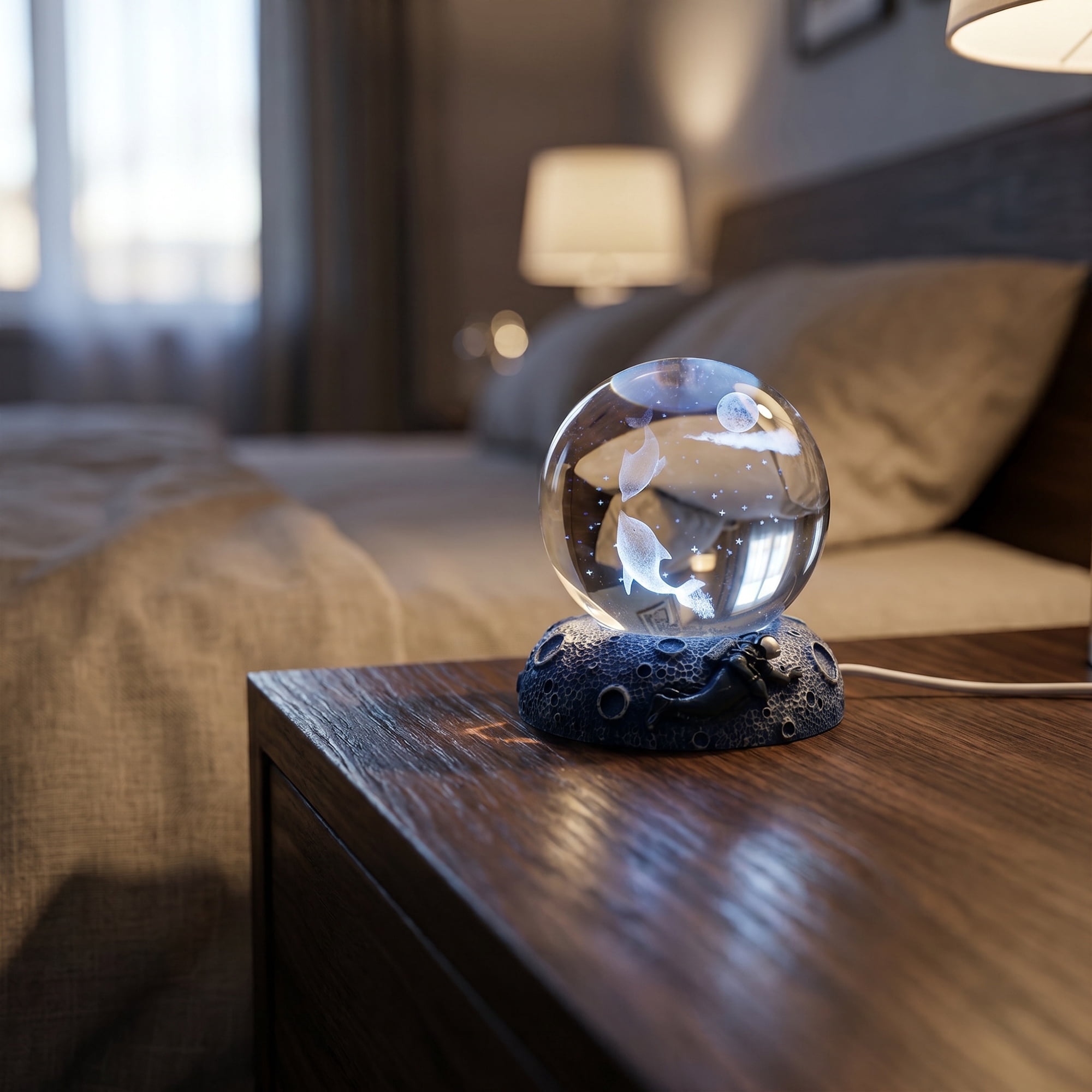 Unique Bargains Glowing Crystal Ball 3D Glass Ornament with LED Light Base Beige Style C