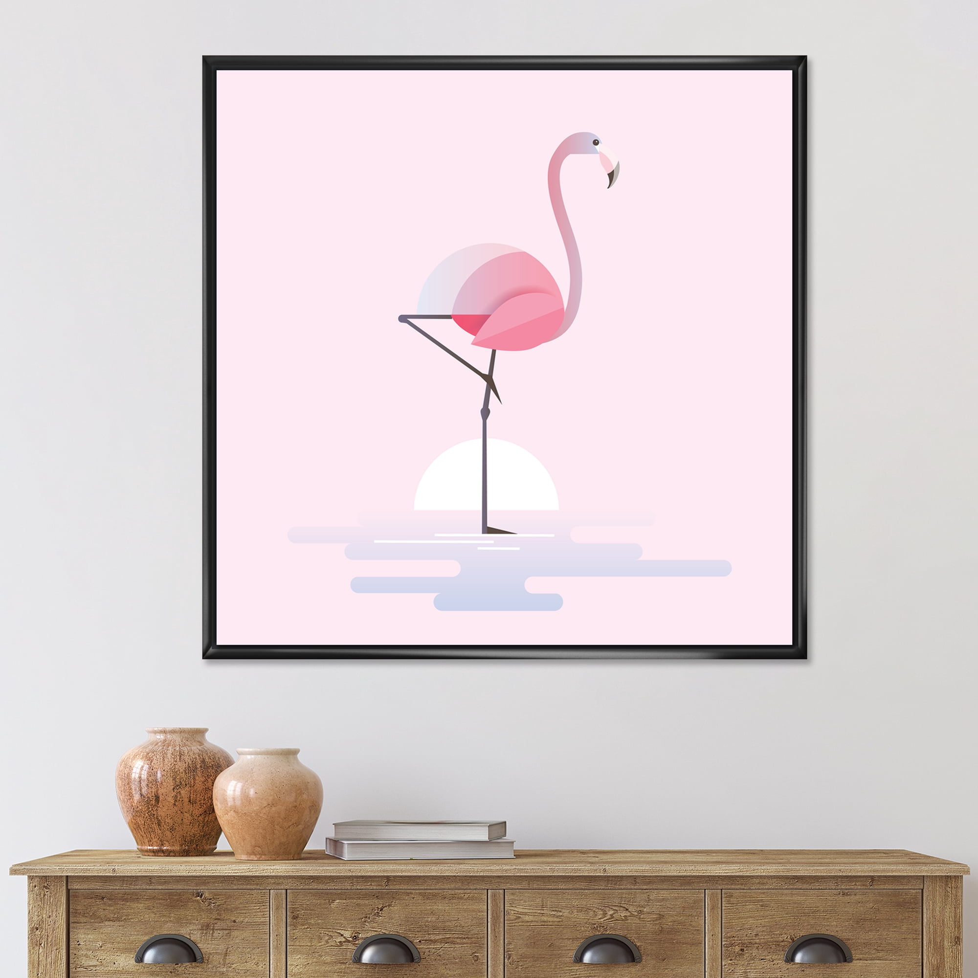 Designart 'Standing On One Toes Pink Flamingo' Farmhouse Framed Canvas Wall Art Print