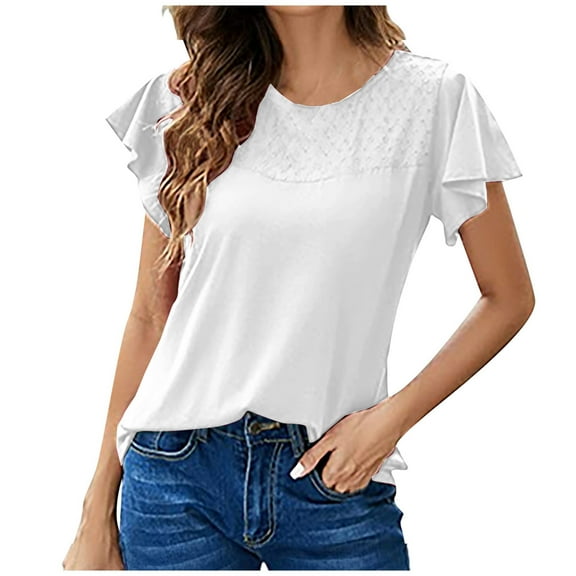 Summer Tunic Tops for Women Ruffle Short Sleeve Trendy Casual Henley T Shirts Solid Crewneck Loose Comfy Blouses