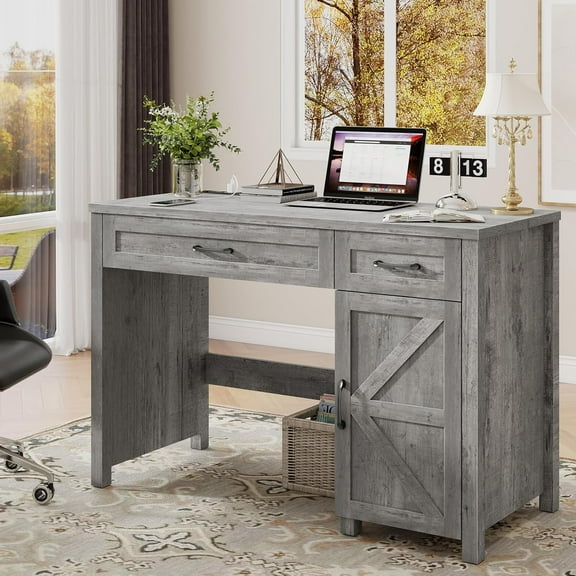 Farmhouse 47" Executive Desk, Computer Desk with Drawers and Storage Cabinet, Workstation for Home Office and Study.(Grey)