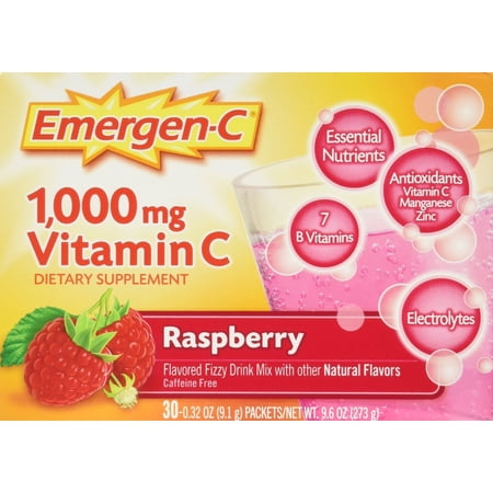 3 Pack Emergen C 1000 mg Vitamin C Flavored Fizzy Drink 30 Pack Raspberry 30 Ea