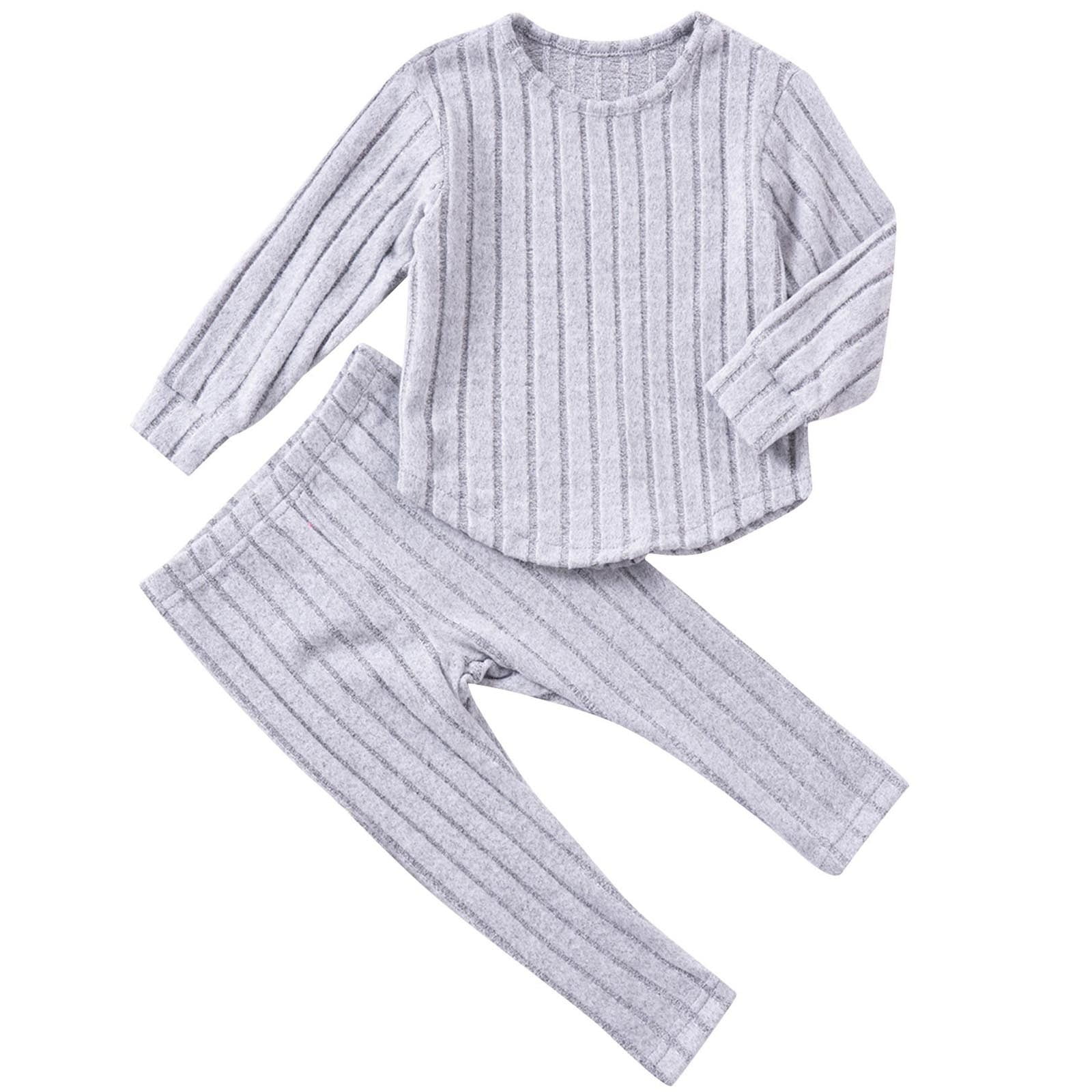 ZACPNCV Toddler Girl Fall Clothes Set Long Sleeve Ribbed Knit Tops Pants Set Solid Color 2-Piece Outfit for Kids Gray 1-2 Years