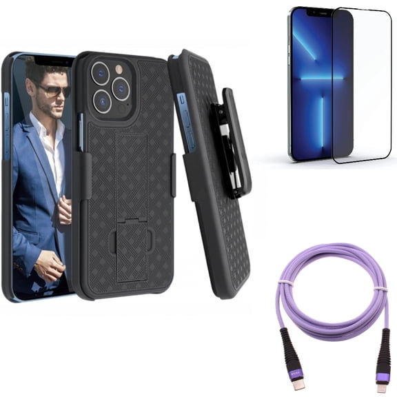 Purple 6ft PD Cable & Case Belt Clip & Screen Protector for iPhone 13 Pro Max ONLY - USB-C Long Cord Fast Charger   Holster Swivel Cover   Anti-Glare Tempered Glass Matte Combo
