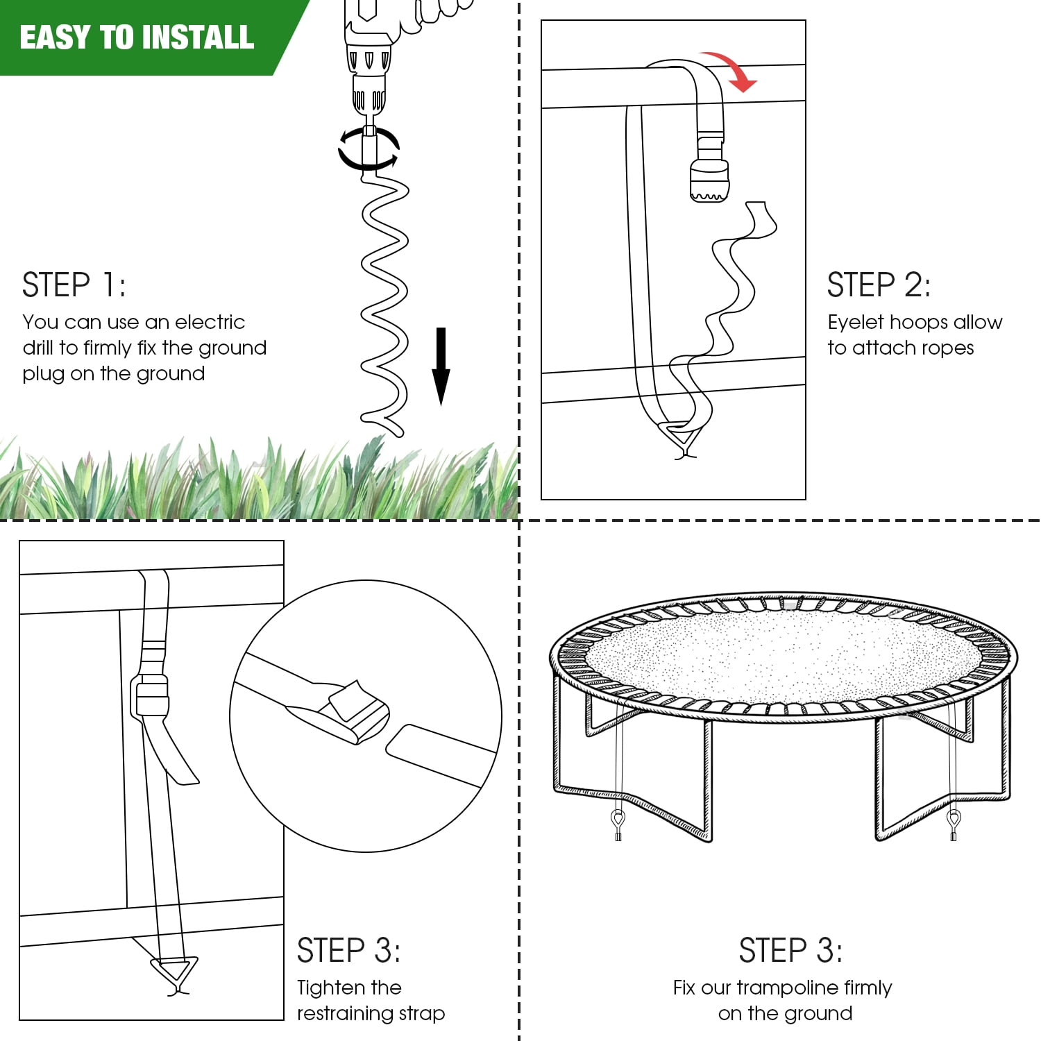 Urban Deco 16.2 Inch Silver Spiral Ground Anchors Strap - Metal Ground Stakes Dog Tie Out Stake Spiraling Anchor Trampoline Anchors for Tent, Securing Trampolines, Garden Fence, Sheds, Swings, 4 Pack