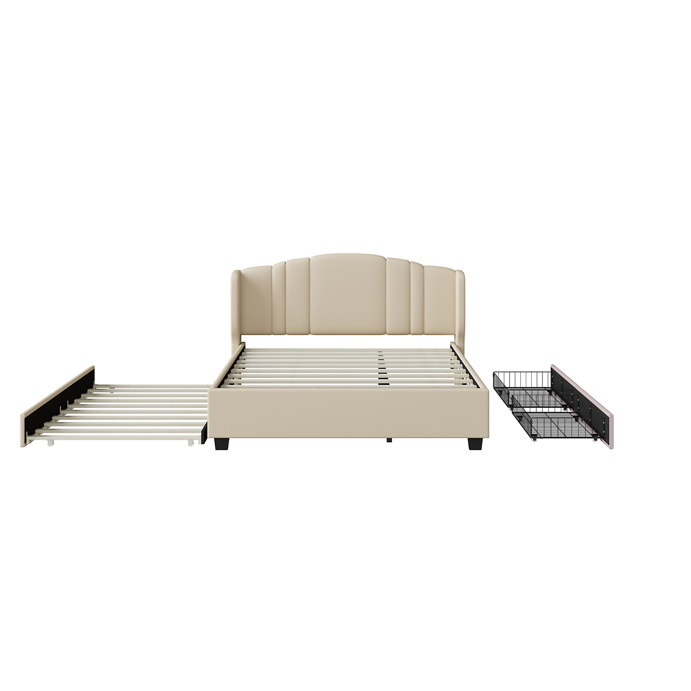 Noble House Queen Linen Upholstered Bed with Wingback Headboard, Twin Trundle & 2 Drawers, Beige