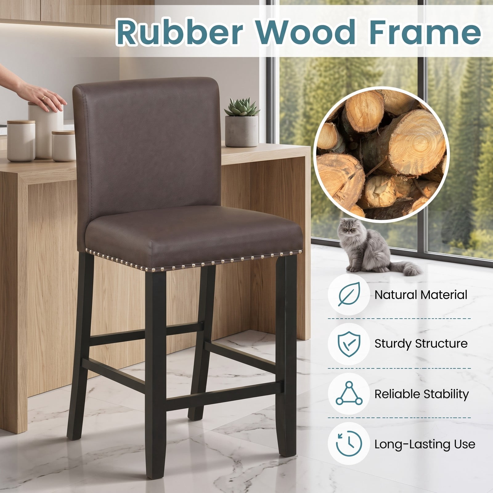 Furnibear Set of 2 Bar Stools with Back for Kitchen Island, 25.5 inch Upholstered Counter Height Barstools with Footrest, Padded Leather Bar Chairs for Dining, Brown