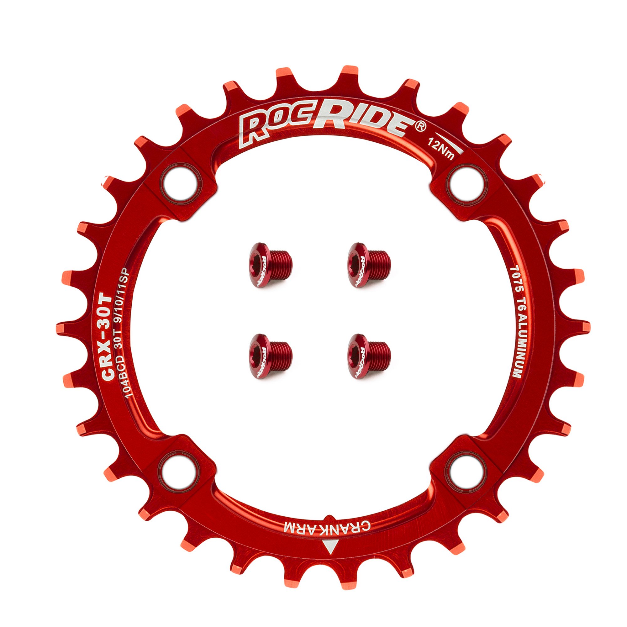 30T Narrow Wide Chainring 104 BCD Red Aluminum With 4 Red Aluminum Bolts By RocRide For 9/10/11 Speed. - image 1 of 5