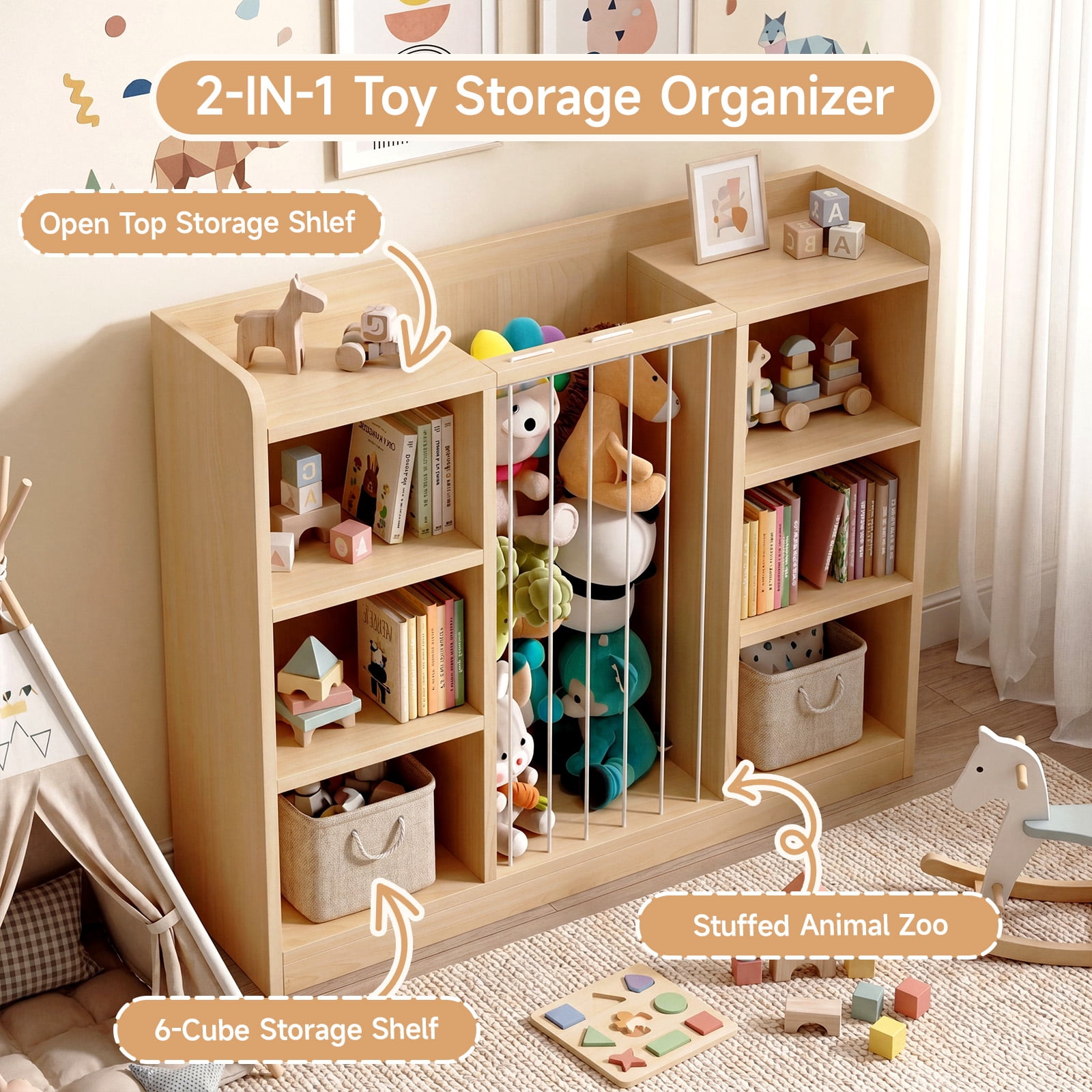 ROGALIS Book Shelf for Kid Room with 8 Storage Cubbies, Toddler Stuffed Animal Toy Storage Organizer