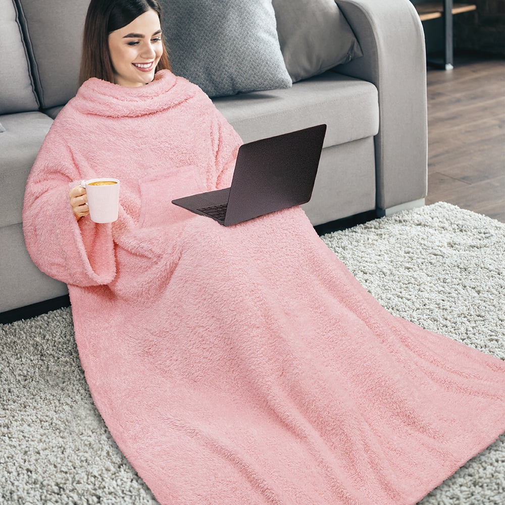 PAVILIA Fluffy Blanket with Sleeves Women Men Adults, Wearable Blanket Plush Soft Fuzzy, Hug Sleep Pod Snuggle Pocket Sleeved TV Throw, Sherpa Fleece Warm Cozy Shaggy Gifts Ideas Mom Wife, Light Pink