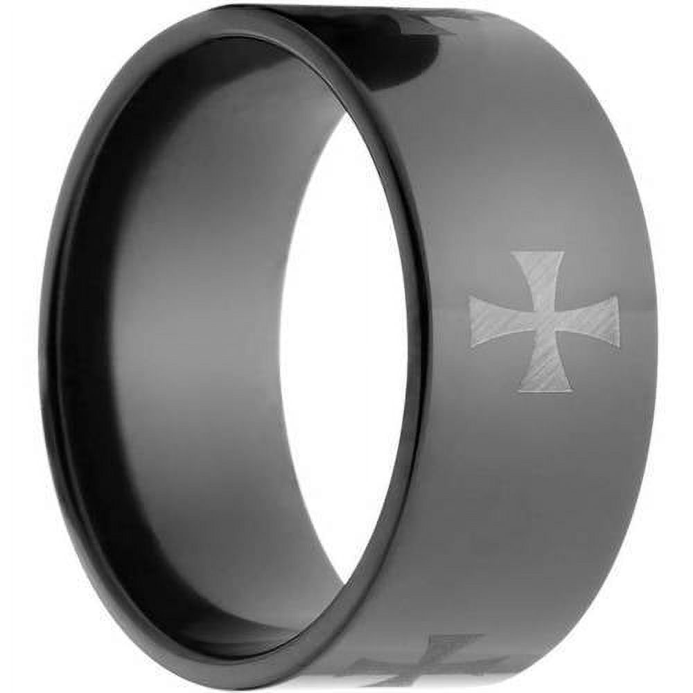 10mm Flat Black Zirconium Ring with a Laser Celtic Cross