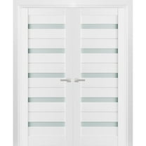 Solid French Double Doors 48 x 80 inches Frosted Glass | Quadro 4445 White Silk | Wood Solid Panel Frame Trims | Closet Bedroom Sturdy Doors