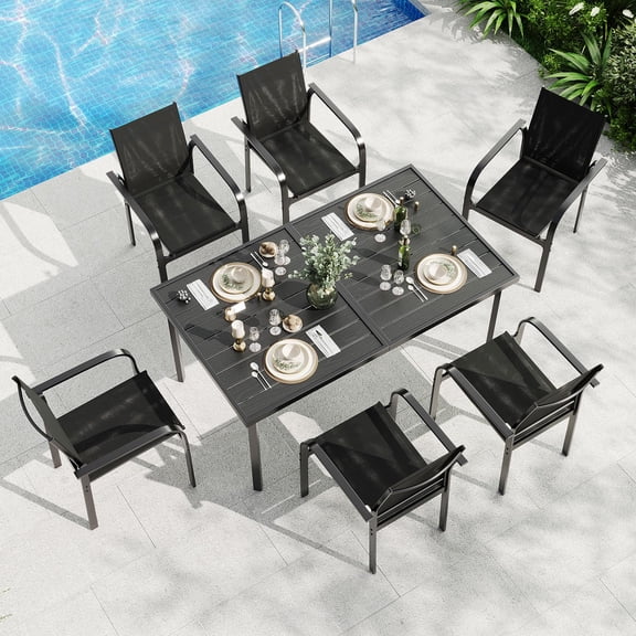 7 Piece Patio Dining Set, Outdoor Furniture with Large Patio Table and Stackable Chairs Set of 6, All Weather Outdoor Dining Set for Backyard, Garden and Poolside, Black