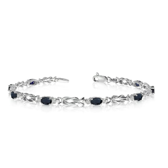 14K White Gold Oval Sapphire Stones And Diamonds Tennis Bracelet, 7"