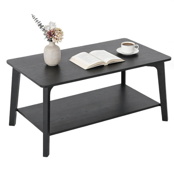 Modern 2-Tier Coffee Table with Storage Shelf Curved Edges Tapered Legs Sturdy Centerpiece for Black