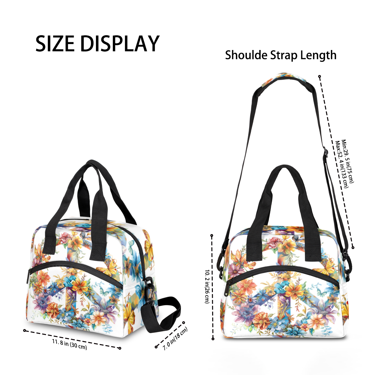 Herdesigns Hippie Flowers Insulated Lunch Bag for Women Men Adults Large Reusable Lunch Box Peace Sign Leakproof Cooler Tote Bags with Adjustable Shoulder Strap