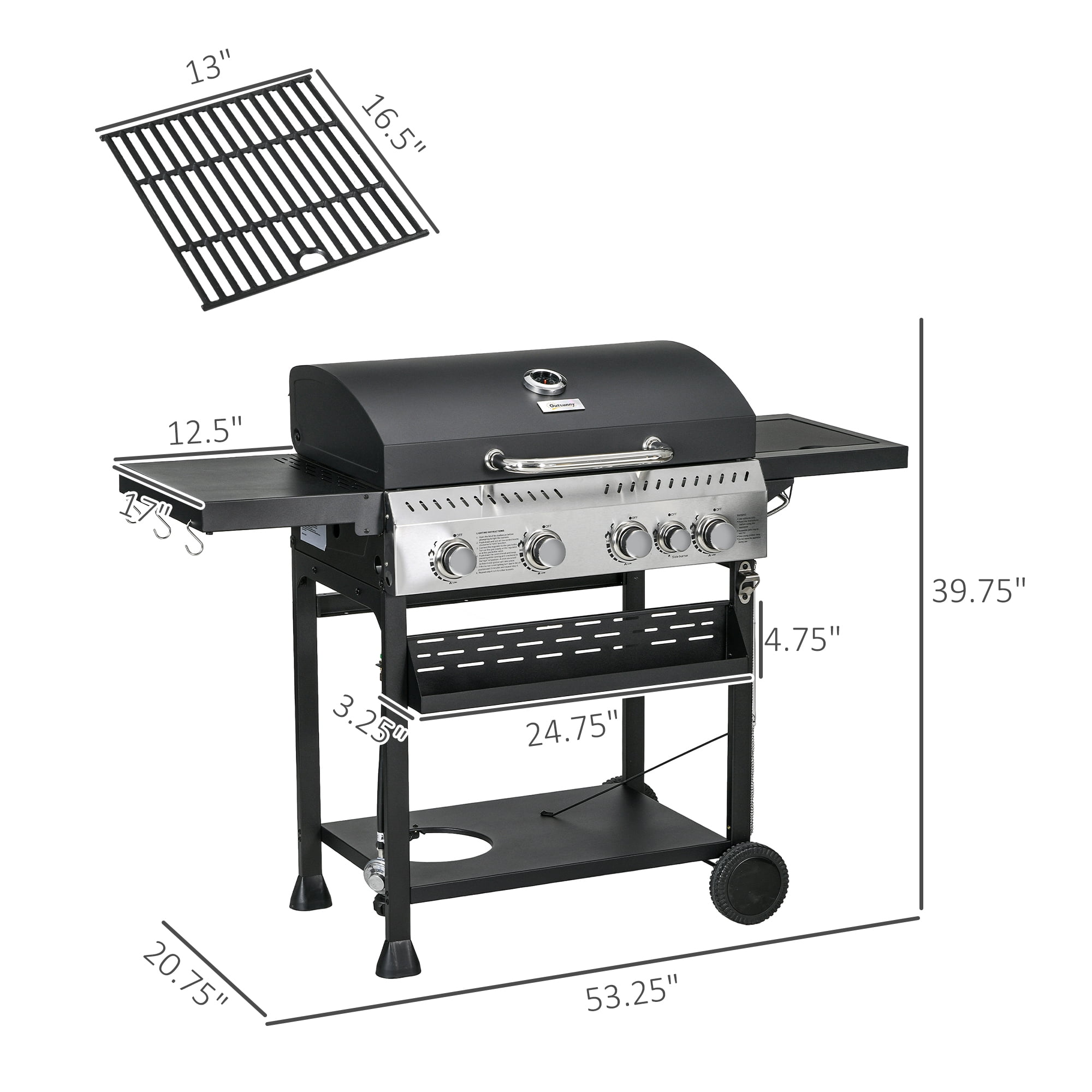 Outsunny 4 Burner Propane Gas Grill with Side Burner, 40,000 BTU Outdoor Barbeque with Shelves, Thermometer, Bottle Opener, Black