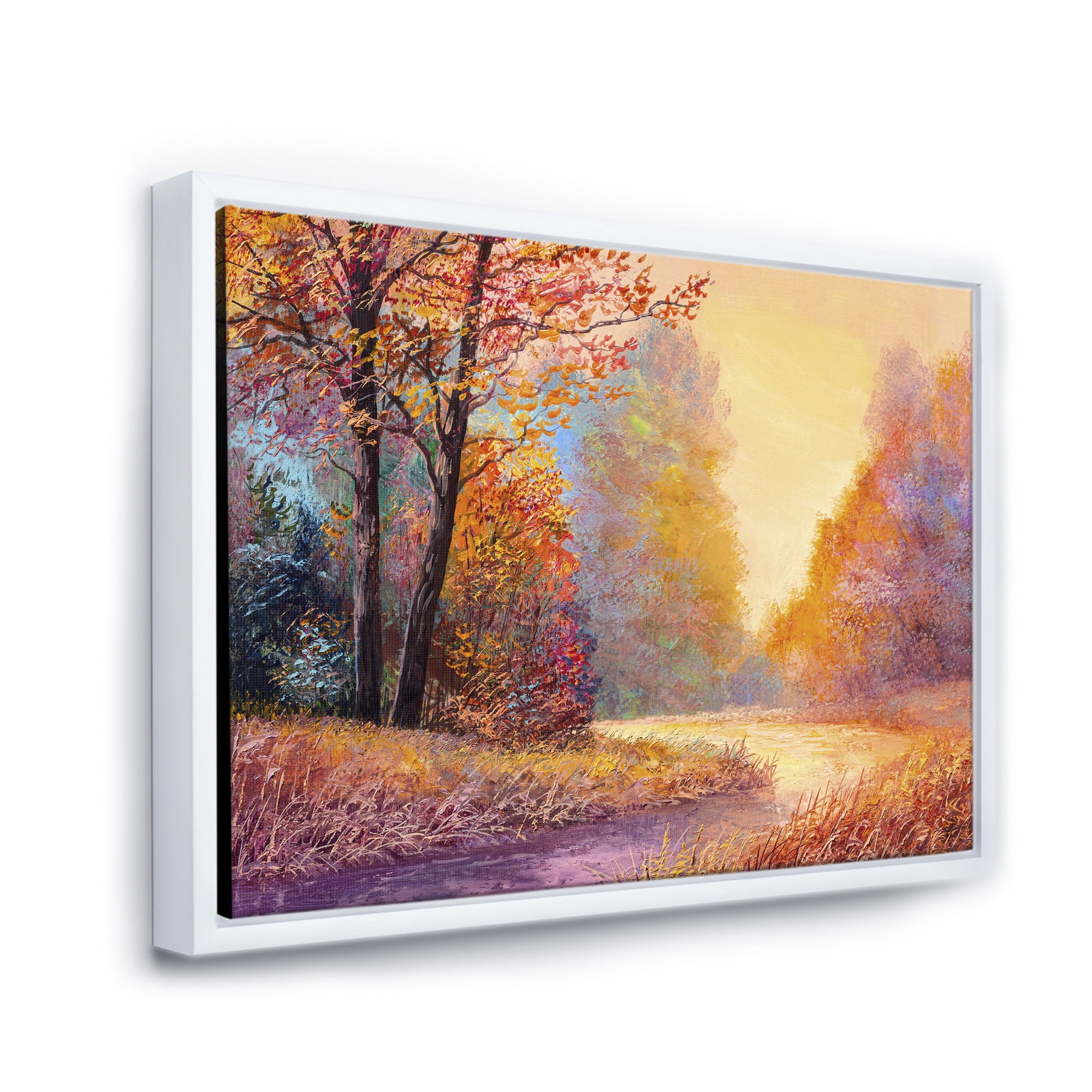 The Autumn Forest Orange Leaves Landscape With Path 32 in x 16 in Framed Painting Canvas Art Print, by Designart