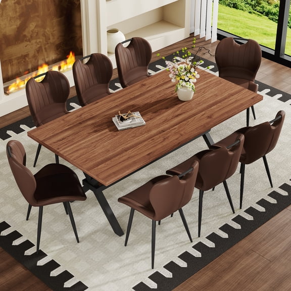 StnTalk 9 Piece Dining Table Set for 8, 72" Large Kitchen Table with Metal Cross Legs & Wide Seat PU Leather Chairs for Dining Room