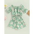 thumbnail image 4 of Bagilaanoe 2pcs Toddler Baby Girl Short Pants Set Floral Print Short Sleeve Off Shoulder Tops + Shorts with Belt 12M 18M 24M 3T 4T 5T Kids Casual Summer Outfits, 4 of 9