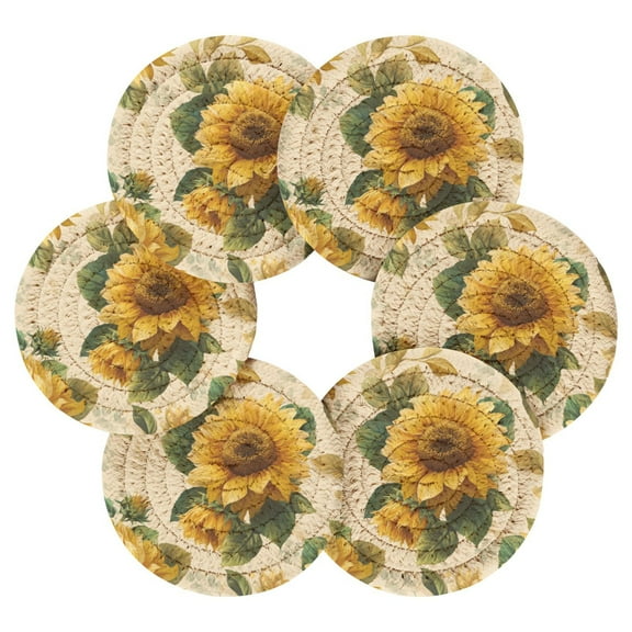 Round Placemats Set of 6 Heat Resistant Washable Kitchen Table Decorations 15.4in Bright Vintage Sunflowers