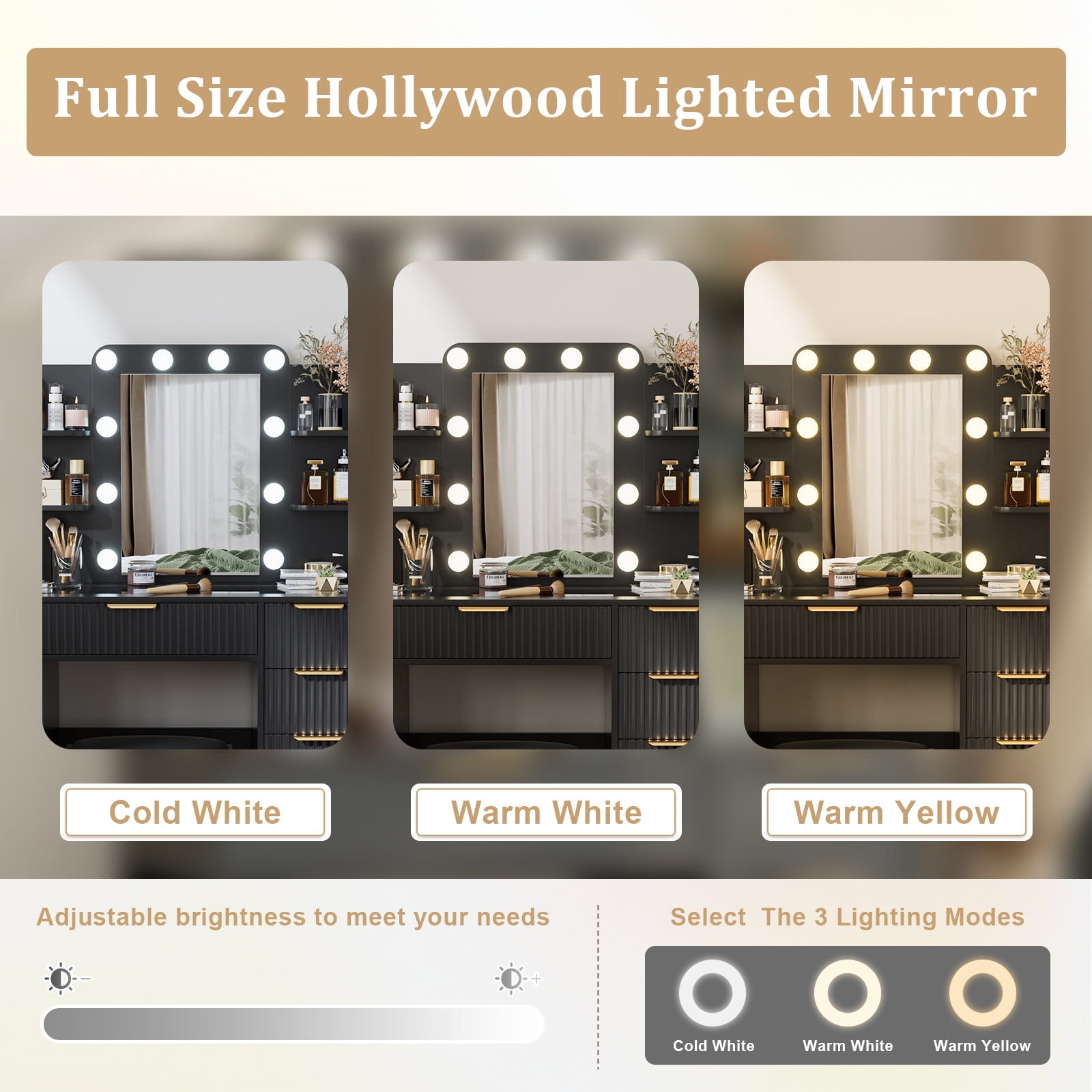 Hommoo Vanity Desk with Mirror and 3 Colors Lights, Makeup Vanity Set Dressing Table with Charging Station, Transparent Tabletop, 5 Drawers & Open Storage for Bedroom, Black