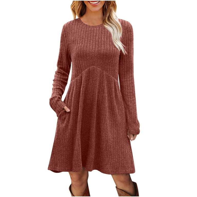 Aohooy Sweater Dress Tall Women Ribbed Knit Long Sleeve Dresses Empire Waist Crewneck Winter Knee Length A Line Dress with Pockets Orange,S Aohooy Sweater Dress Tall Women Ribbed Knit Long Sleeve Dresses Empire Waist Crewneck Winter Knee Length A Line Dress with Pockets Orange,S