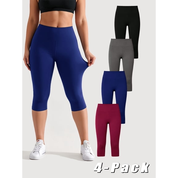 4 Pack High Waisted Capri Leggings with Pockets for Women - Tummy Control, Butt Lifting, Buttery Soft, 4-Way Stretch, No See-Through Yoga Pants for Workout, Running & Daily Wear - Multi-Color