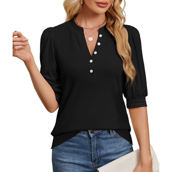 Whoinshop Summer Tops for Women 2026 Trendy Dressy Casual Blouse Puff Short Sleeve Shirts Knit Henley V Neck T Shirt Tunic