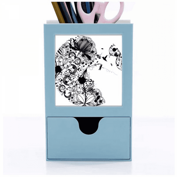 Flower s Black White Art Grain Outline Desk Supplies Organizer Pen Holder Card