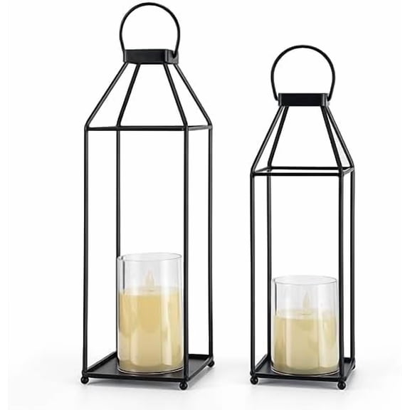 Lanterns Decorative Outdoor 2PCS Living Room Decor Lantern Black Metal Lantern Front Porch Decor Lanterns Decor Indoor with LED Candle Lanterns Decor No Glass for Indoor Outdoor (Small&Large, 2Pcs)