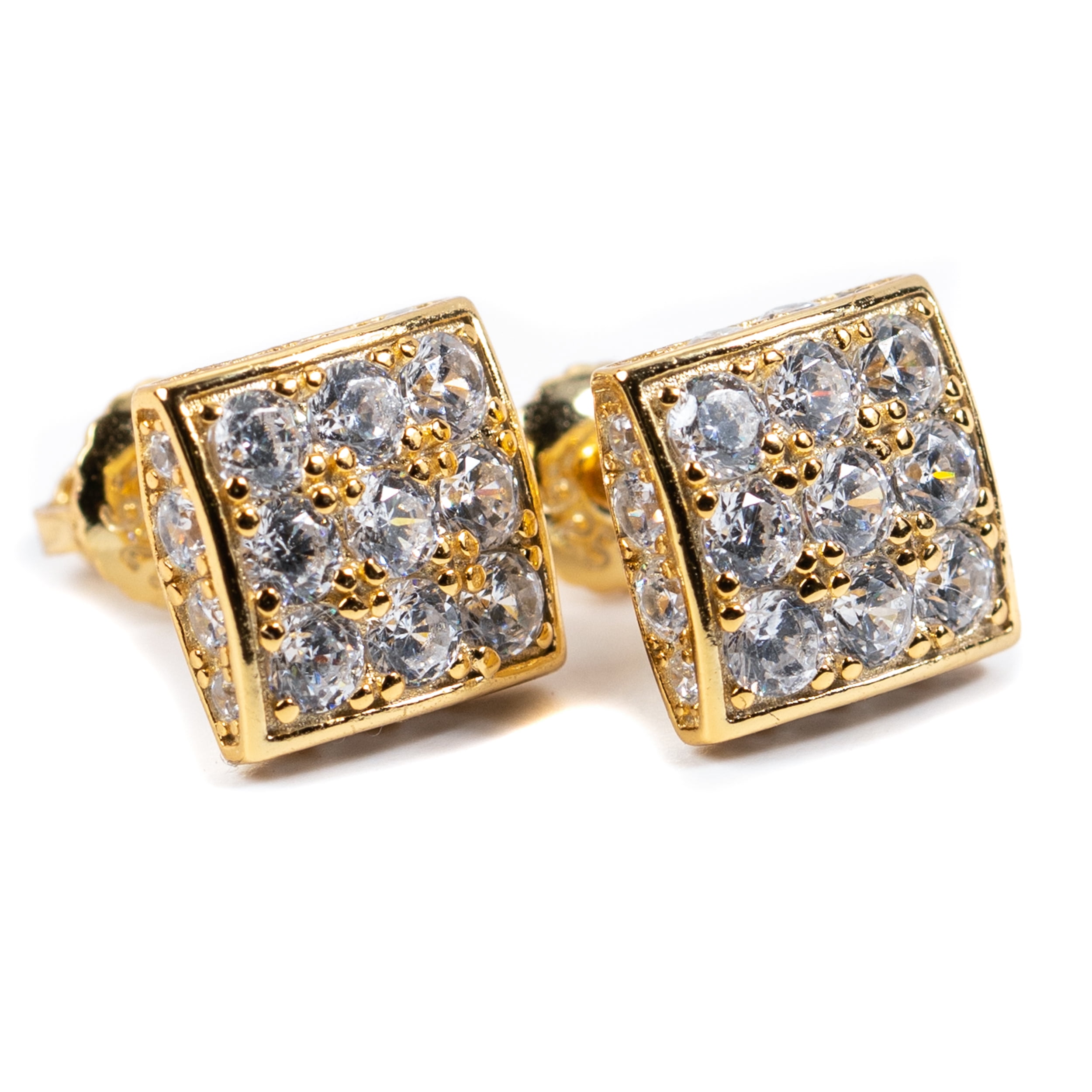 Men's Square Pointer Hip Hop Gold Plated 925 Sterling Silver Iced Screw Back Earrings