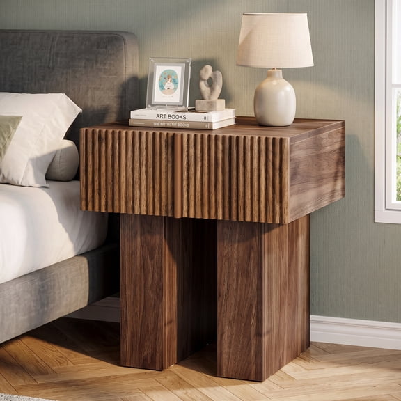Fnova Fluted Nightstand with Storage Drawer, Modern Wooden Bedside Table, Wood Grain End Table for Bedroom, 23.62" H Side Table for Living Room, Walnut Brown