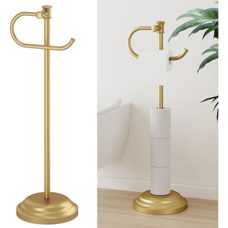 25" Toilet Paper Roll Tissue Holder Free Standing with Shelf Storage Stand for 4 Rolls, Freestanding Hardware Accessories Rack Brushed Gold