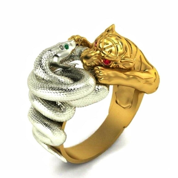 PikaLF Snake Tiger Ring for Men, Gold Tiger Silver Snake Fighting, Vintage Gothic Red Eyes Tiger Head Ring, Punk Hip Hop Green Eyes Snake Wrap Ring, Viking Animal Jewelry Gift for Men
