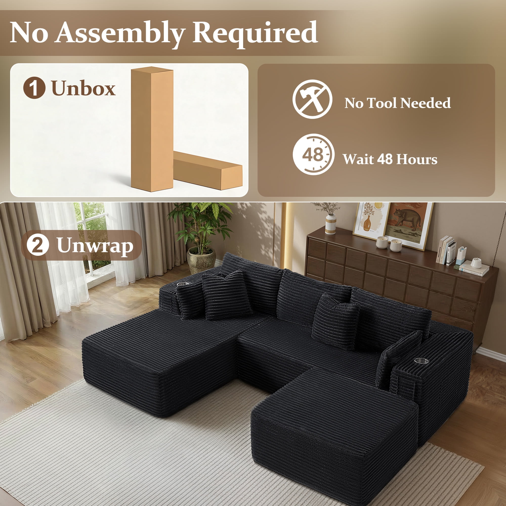 3 Seats Boneless Modular Cloud Sectional Sofa with Chaise & Ottoman, Extra-Wide Deep Seats Plush Corduroy Sleeper Soft Couch for Modern Living Rooms, Small Spaces & Apartments Black 108"-U Shape Left