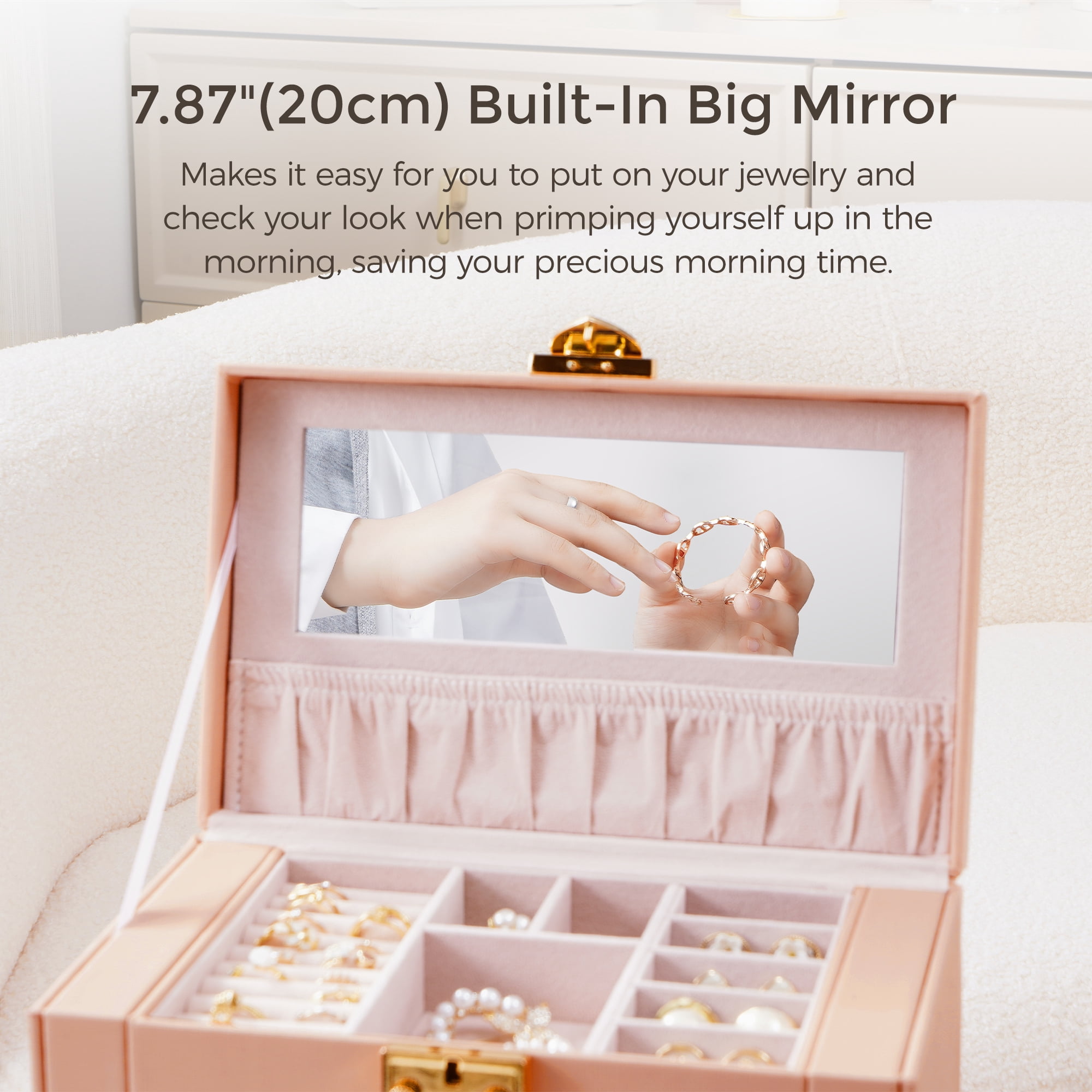 Casegrace 4-Tier Huge Jewelry Organizer with Small Jewelry Case, Built-in Large Mirror Case, 2 Side-door Necklace Display Holder, 3 Drawers Storage Jewelry Box for Earrings, Rings, Bracelets, Watches