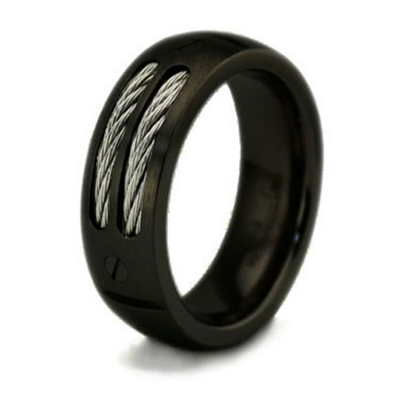 Tioneer Black Titanium Screw Accent Dual Cable Inlay CZ Wedding Band Ring