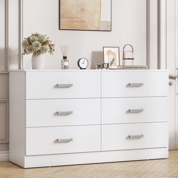Winkalon 6 Drawer White Double Dresser, Wood Storage Cabinet with Easy Pull Out Handles for Living Room,Chest of Drawers for Bedroom