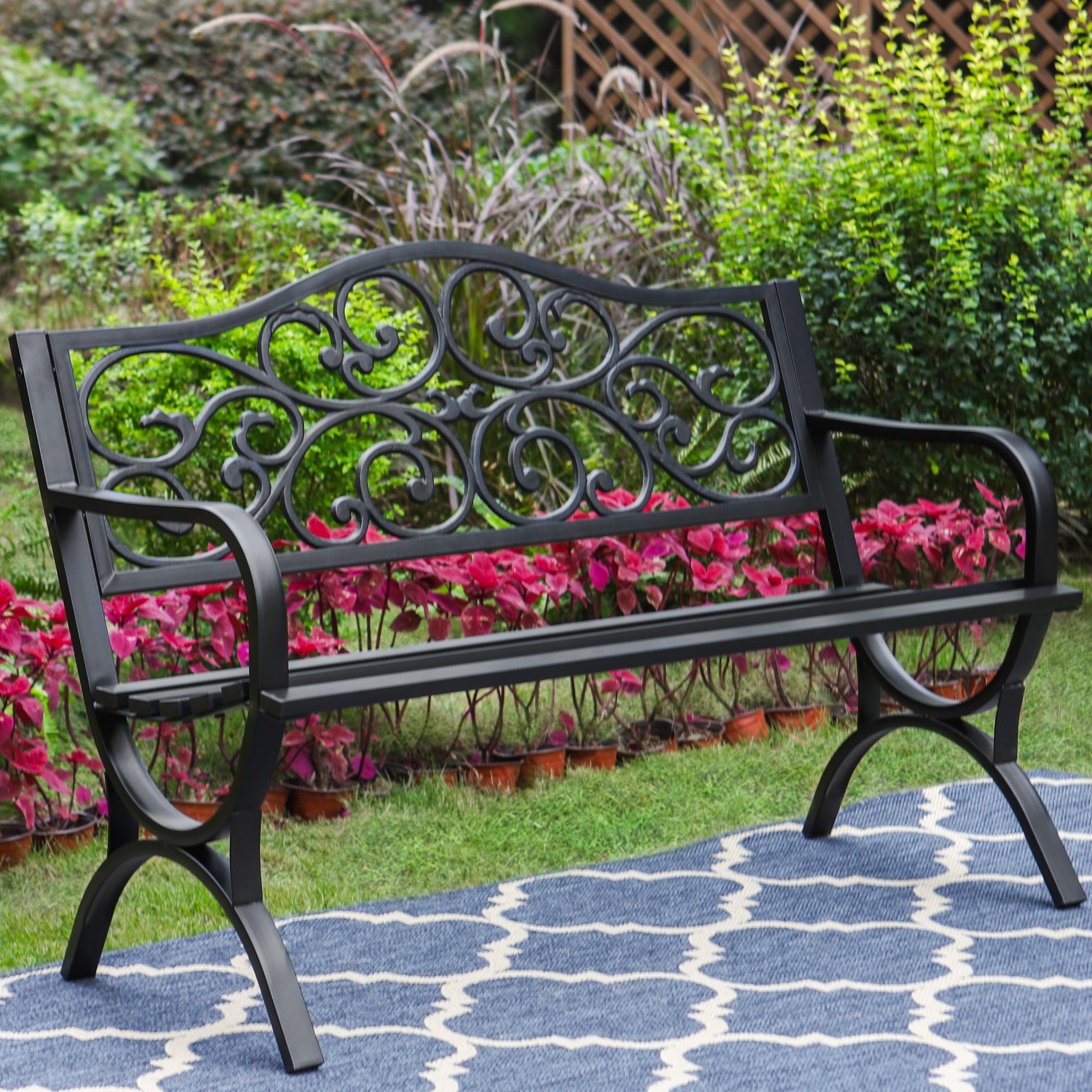 Summit Living 50" Outdoor Garden Bench Chairs, Cast Iron Metal Frame Patio Park Bench, Black