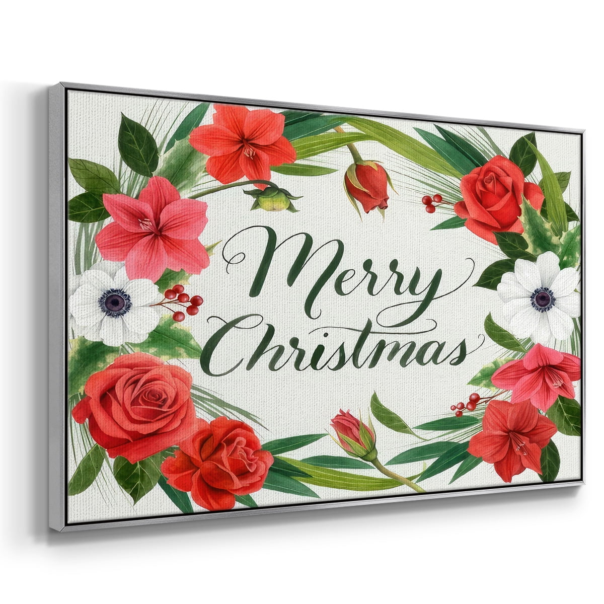 Christmas Flora Wreath Collection A - Framed Gallery Wrapped Holiday Canvas - 17 x 25 - Silver Frame