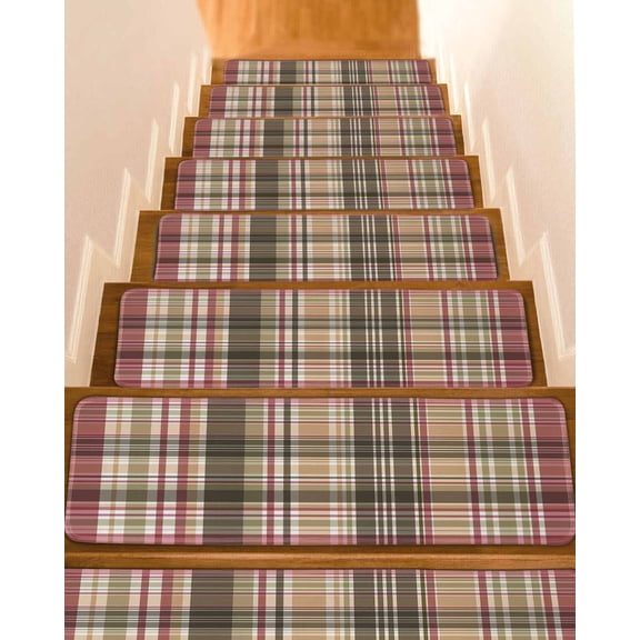 Stair Treads for Wooden Steps,Buffalo Plaid Peel and Stick Stair Treads with Reusable Adhesive,Modern Farmhouse Colorful Checkered Non Slip Indoor Stairs Runner Rugs Mats for Elders Dogs 8"x30" 4PCS