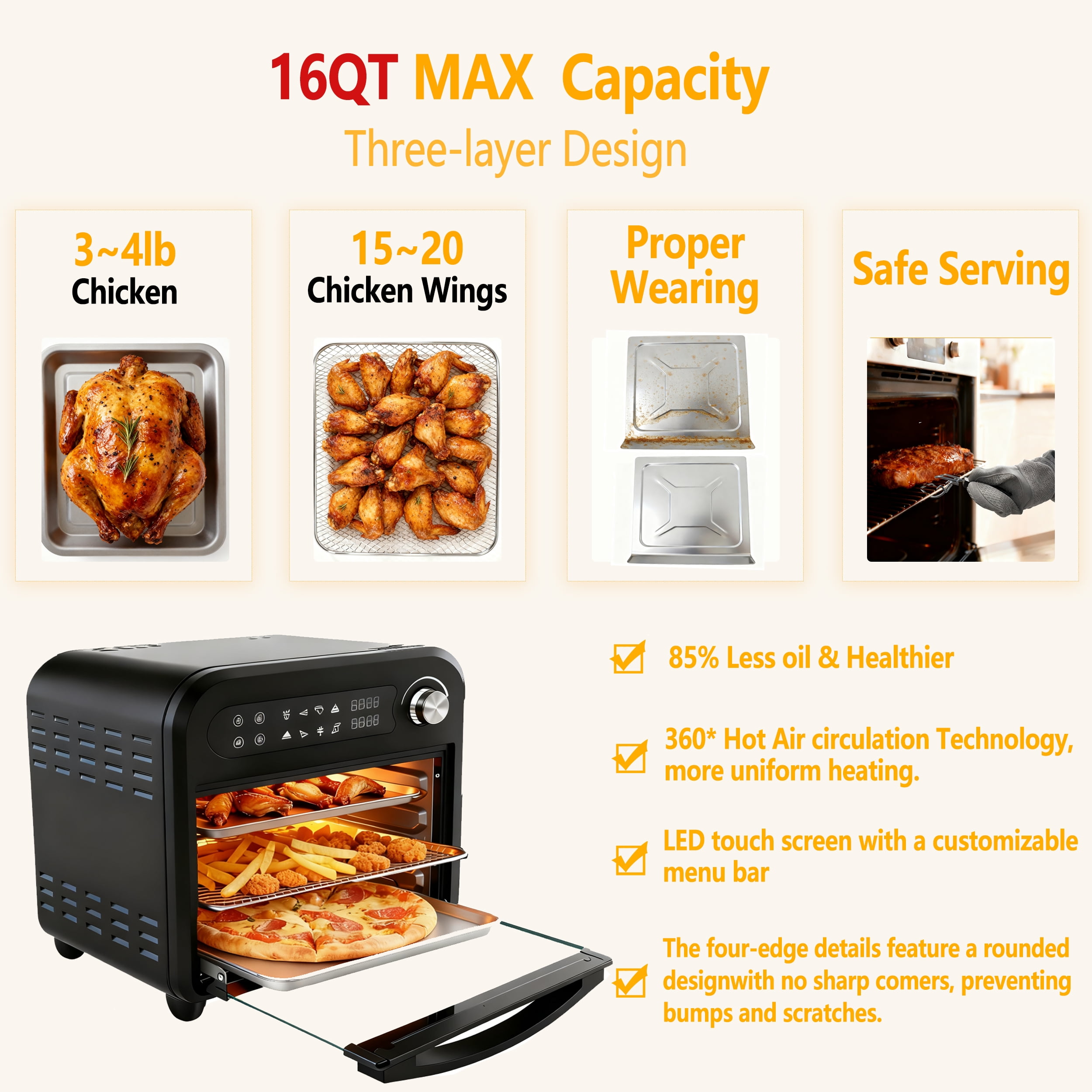 Fitfort 16QT Digital Air Fryer Oven Toaster Combo with 360° Hot Air Circulation, 1500W Fast Heating, Transparent Door Window, Precise Temperature Control, Includes 5 Accessories
