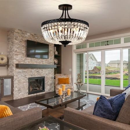 FINE MAKER 6-Light E26 Round Crystal Ceiling Light Fixture Modern Semi Flush Mount Chandelier Ceiling Lamp for Living Room Dining Room