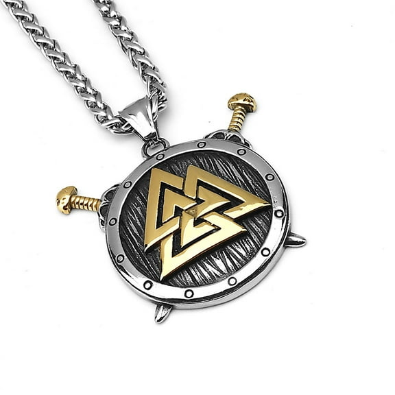 Fachoice Valknut Sword Shield Pendant for Men Viking Valknut Shield Necklace, Norse Crossed Sword Necklace Men’s Punk Valknut Odin Warrior Jewelry Valknut Amulet Circle Charm Necklace