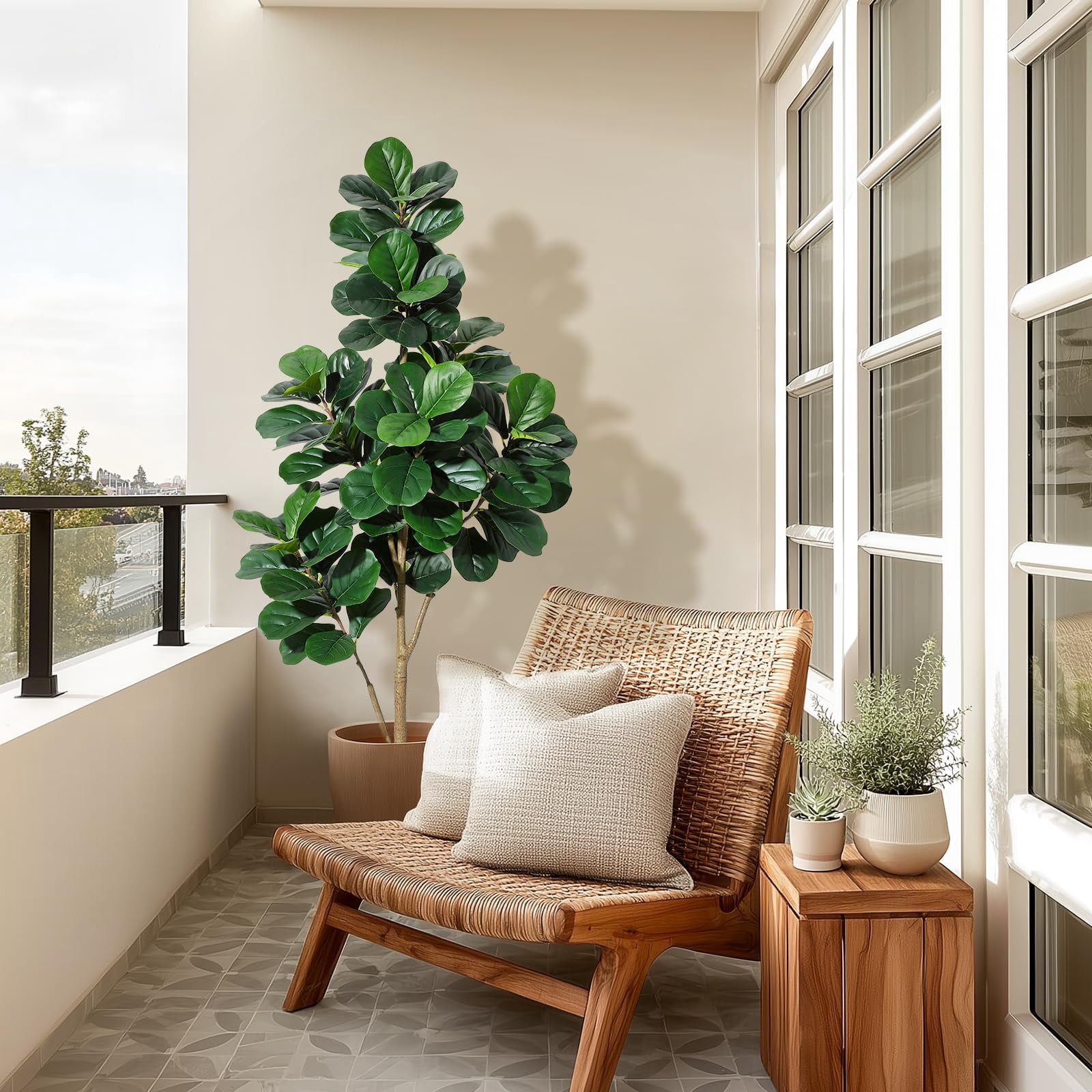 Artificial Fiddle Leaf Fig Tree 6ft – Realistic Faux Ficus Lyrata Floor Plant with gray Planter, Indoor Fake Tree for Home Office Living Room Decor