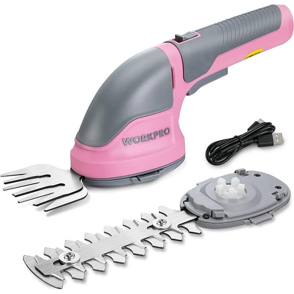 WORKPRO 2-in-1 Cordless Grass Shear & Shrubbery Trimmer, Rechargeable Hedge Shears/Grass Cutter with Lithium-Ion Battery & Type-C Cable, Handheld Electric Hedge Trimmer – Pink